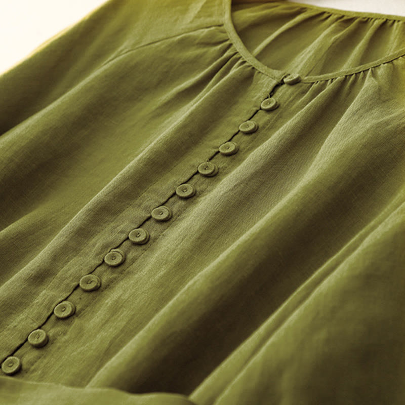 Robe mi-longue en coton et lin à manches mi-longues et col ras du cou avec lacets et Buddha Stones - image 4