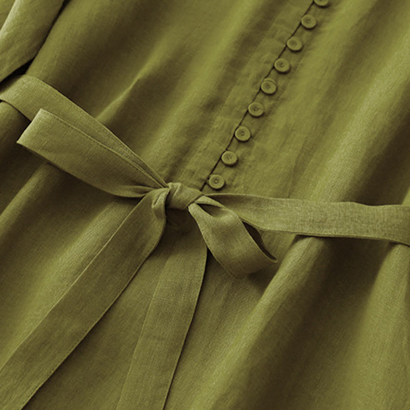 Robe mi-longue en coton et lin à manches mi-longues et col ras du cou avec lacets et Buddha Stones - image 5