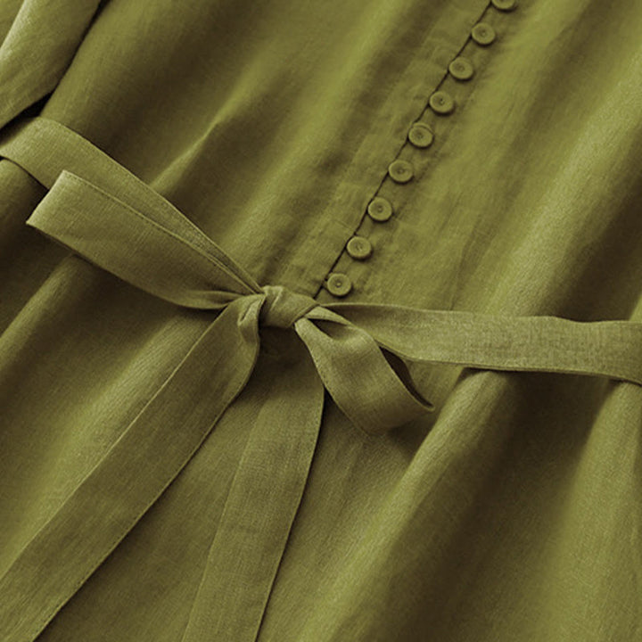 Robe mi-longue en coton et lin à manches mi-longues et col ras du cou avec lacets et Buddha Stones - image 5