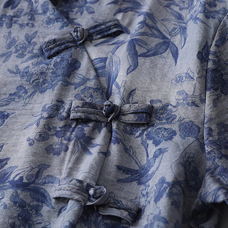 Robe mi-longue en coton à imprimé feuilles et Buddha Stones , boutons grenouille, manches mi-longues, col mandarin - image 9