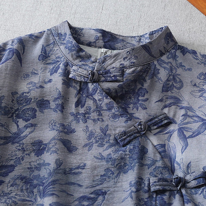 Robe mi-longue en coton à imprimé feuilles et Buddha Stones , boutons grenouille, manches mi-longues, col mandarin - image 3