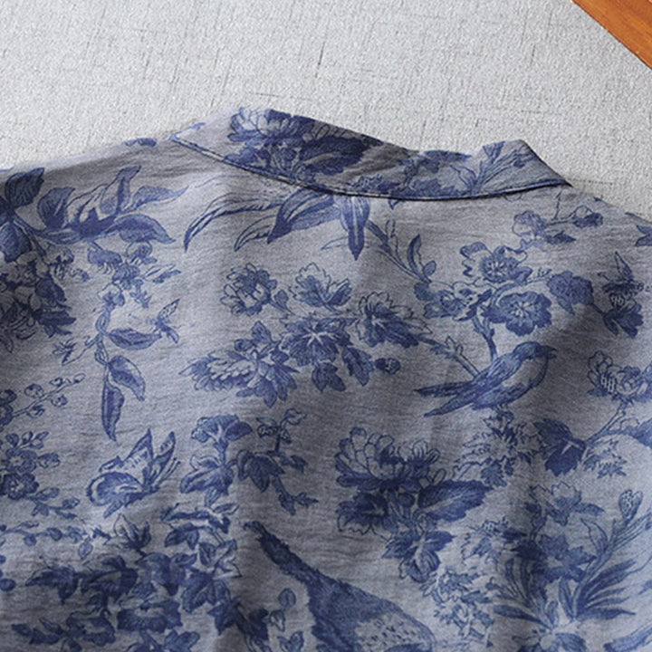 Robe mi-longue en coton à imprimé feuilles et Buddha Stones , boutons grenouille, manches mi-longues, col mandarin - image 5