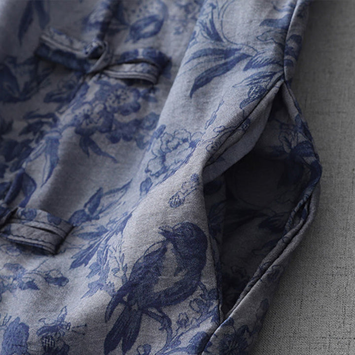 Robe mi-longue en coton à imprimé feuilles et Buddha Stones , boutons grenouille, manches mi-longues, col mandarin - image 4