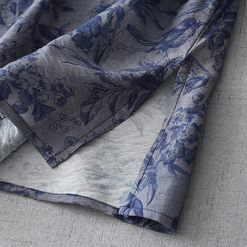 Robe mi-longue en coton à imprimé feuilles et Buddha Stones , boutons grenouille, manches mi-longues, col mandarin - image 7