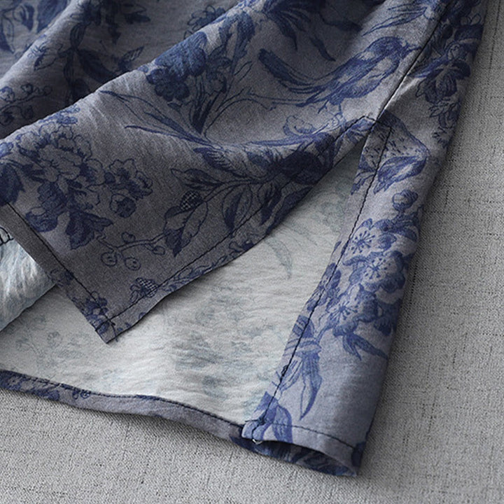 Robe mi-longue en coton à imprimé feuilles et Buddha Stones , boutons grenouille, manches mi-longues, col mandarin - image 7