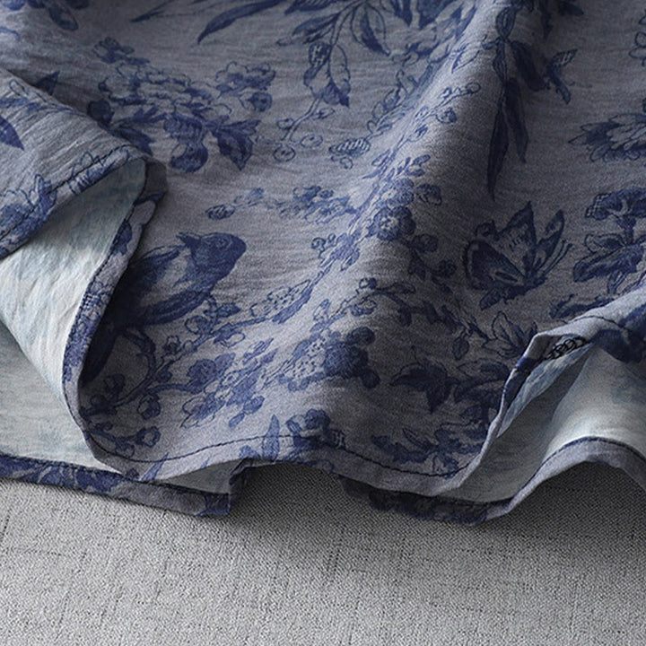 Robe mi-longue en coton à imprimé feuilles et Buddha Stones , boutons grenouille, manches mi-longues, col mandarin - image 2