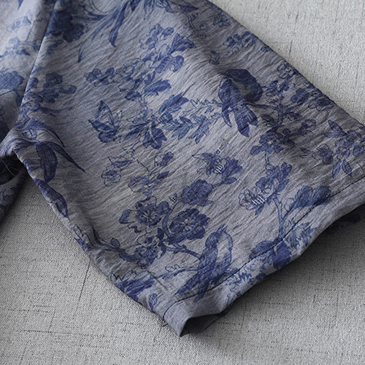 Robe mi-longue en coton à imprimé feuilles et Buddha Stones , boutons grenouille, manches mi-longues, col mandarin - image 10