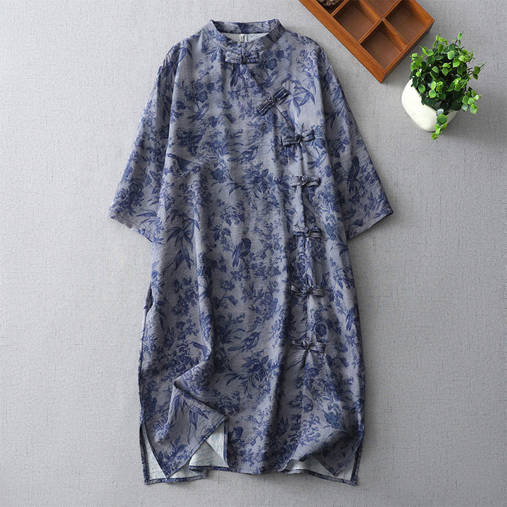 Robe mi-longue en coton à imprimé feuilles et Buddha Stones , boutons grenouille, manches mi-longues, col mandarin - Bleu royal - US8-10，UK/AU12-14，EU40-42 (2XL) - image 1