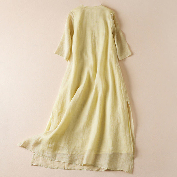 Robe midi en fibre à manches courtes et col rond, ornée de Buddha Stones et de feuilles brodées, avec motif de feuilles et de pierres de Bouddha - image 1