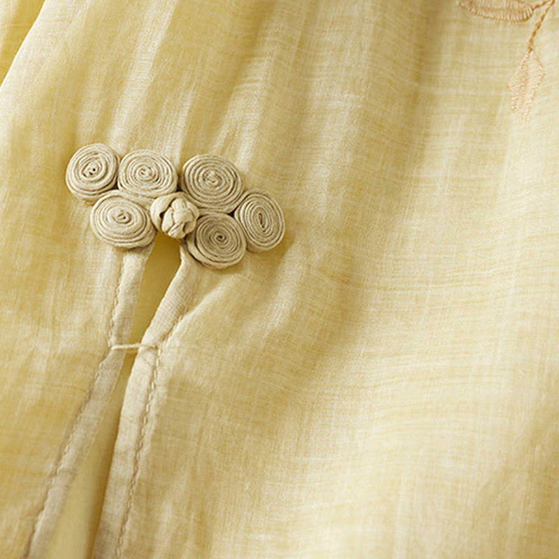 Robe mi-longue en fibre de coton à col ras du cou et manches mi-longues, brodée de feuilles et de Buddha Stones - image 4