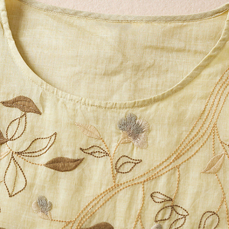 Robe mi-longue en fibre de coton à col ras du cou et manches mi-longues, brodée de feuilles et de Buddha Stones - image 3