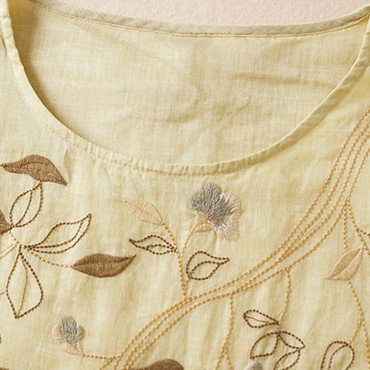 Robe mi-longue en fibre de coton à col ras du cou et manches mi-longues, brodée de feuilles et de Buddha Stones - image 3