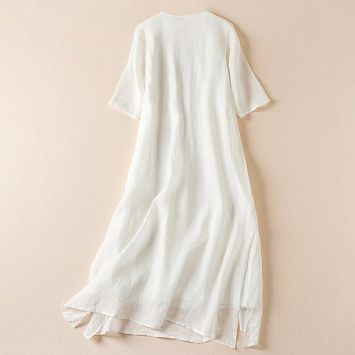 Robe mi-longue en fibre de coton à col ras du cou et manches mi-longues, brodée de feuilles et de Buddha Stones - image 8