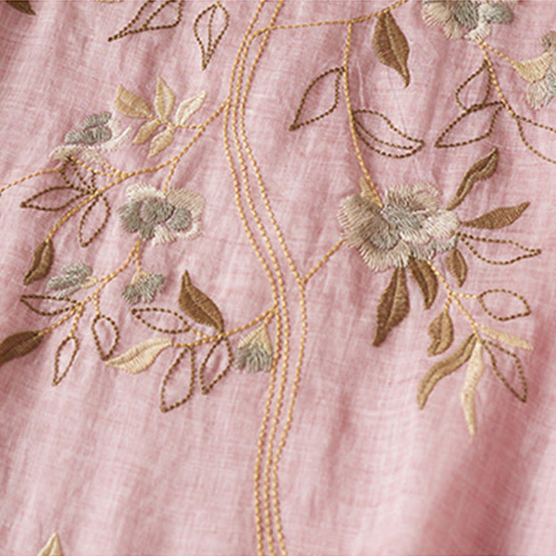 Robe mi-longue en fibre de coton à col ras du cou et manches mi-longues, brodée de feuilles et de Buddha Stones - image 18