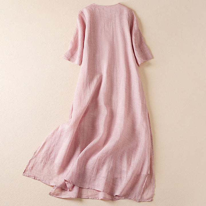 Robe mi-longue en fibre de coton à col ras du cou et manches mi-longues, brodée de feuilles et de Buddha Stones - image 15