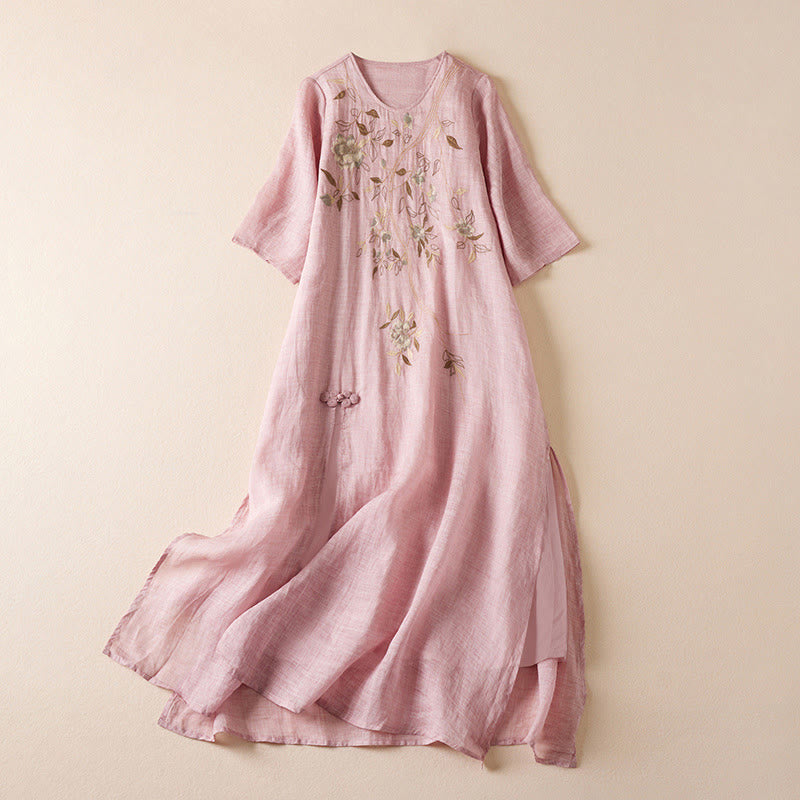 Robe mi-longue en fibre de coton à col ras du cou et manches mi-longues, brodée de feuilles et de Buddha Stones - Rose - US8-10，UK/AU12-14，EU40-42 (2XL) - image 14