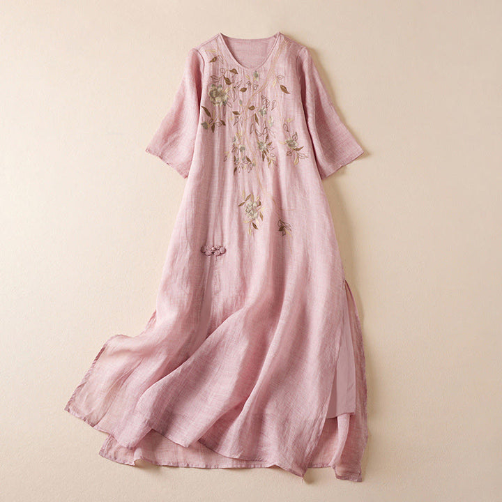 Robe mi-longue en fibre de coton à col ras du cou et manches mi-longues, brodée de feuilles et de Buddha Stones - Rose - US8-10，UK/AU12-14，EU40-42 (2XL) - image 14