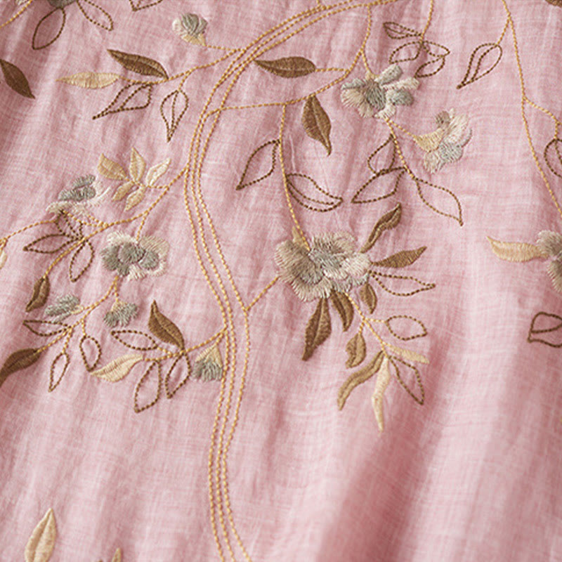 Robe mi-longue en fibre de coton à col ras du cou et manches mi-longues, brodée de feuilles et de Buddha Stones - image 20