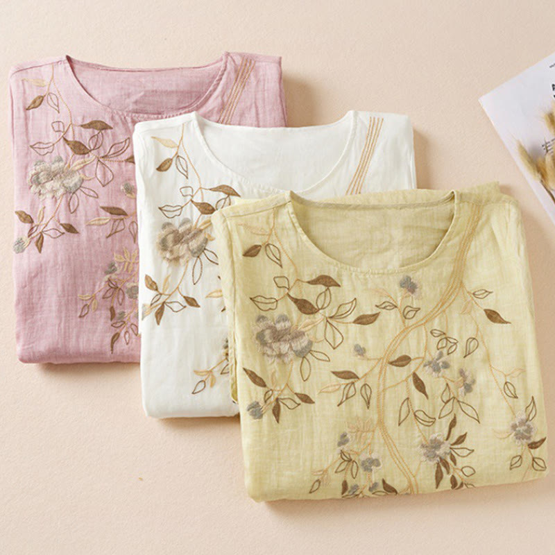 Robe mi-longue en fibre de coton à col ras du cou et manches mi-longues, brodée de feuilles et de Buddha Stones - image 22