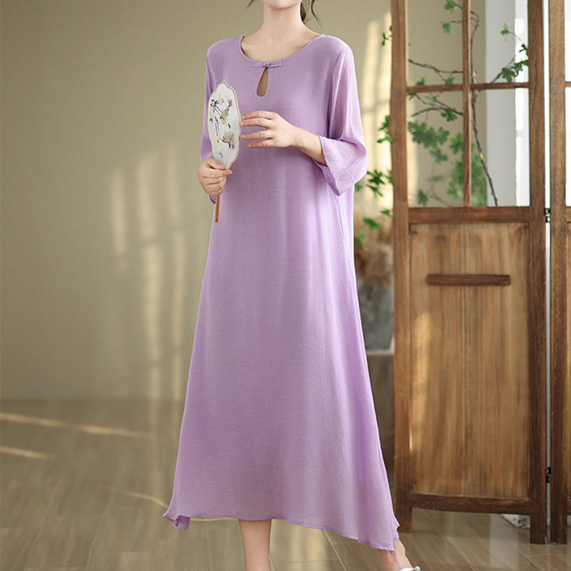 Robe midi décontractée en coton à col ras du cou et manches trois-quarts avec boutons grenouille et Buddha Stones - Prune - US8-10，UK/AU12-14，EU40-42 (2XL) - image 0