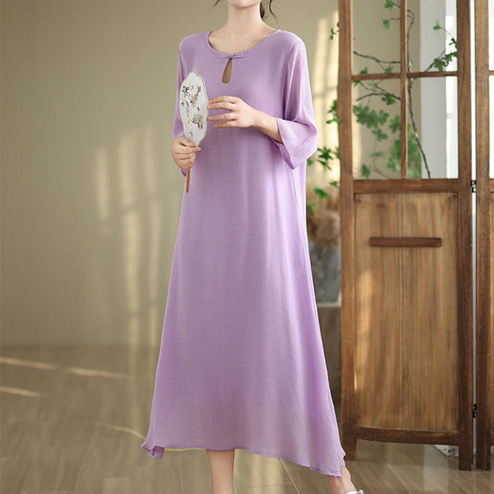 Robe midi décontractée en coton à col ras du cou et manches trois-quarts avec boutons grenouille et Buddha Stones - Prune - US8-10，UK/AU12-14，EU40-42 (2XL) - image 0
