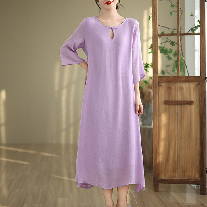 Robe midi décontractée en coton à col ras du cou et manches trois-quarts avec boutons grenouille et Buddha Stones - image 4
