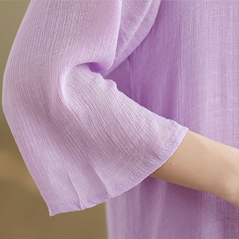 Robe midi décontractée en coton à col ras du cou et manches trois-quarts avec boutons grenouille et Buddha Stones - image 10