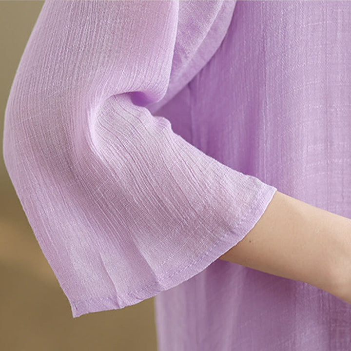 Robe midi décontractée en coton à col ras du cou et manches trois-quarts avec boutons grenouille et Buddha Stones - image 10