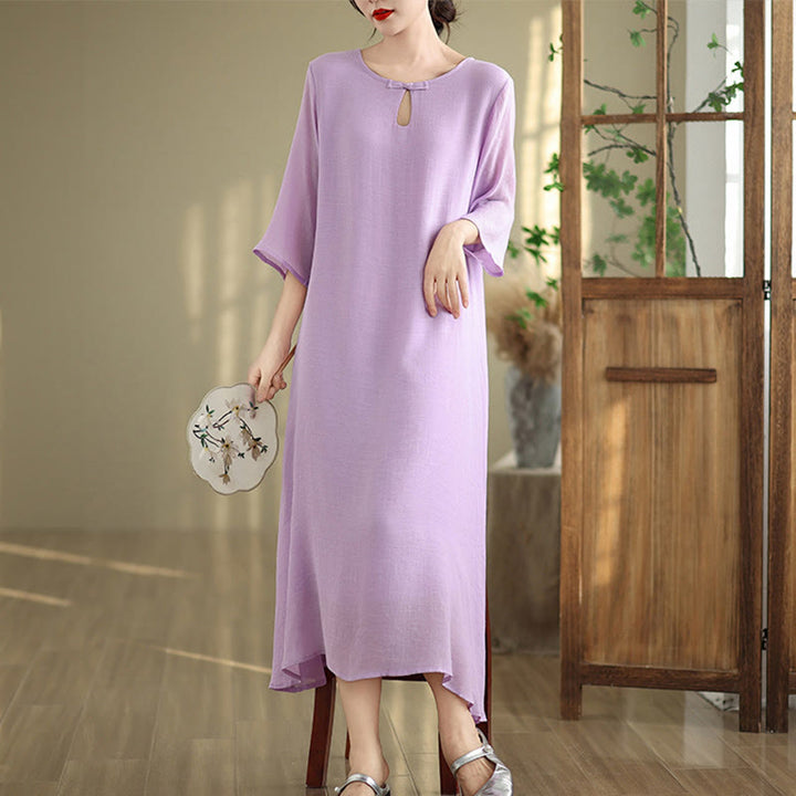Robe midi décontractée en coton à col ras du cou et manches trois-quarts avec boutons grenouille et Buddha Stones - image 2