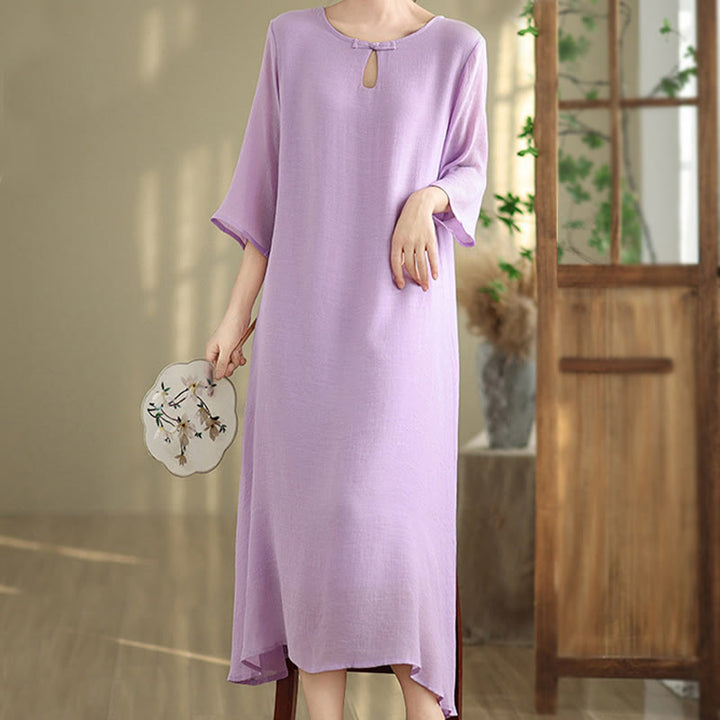 Robe midi décontractée en coton à col ras du cou et manches trois-quarts avec boutons grenouille et Buddha Stones - image 4