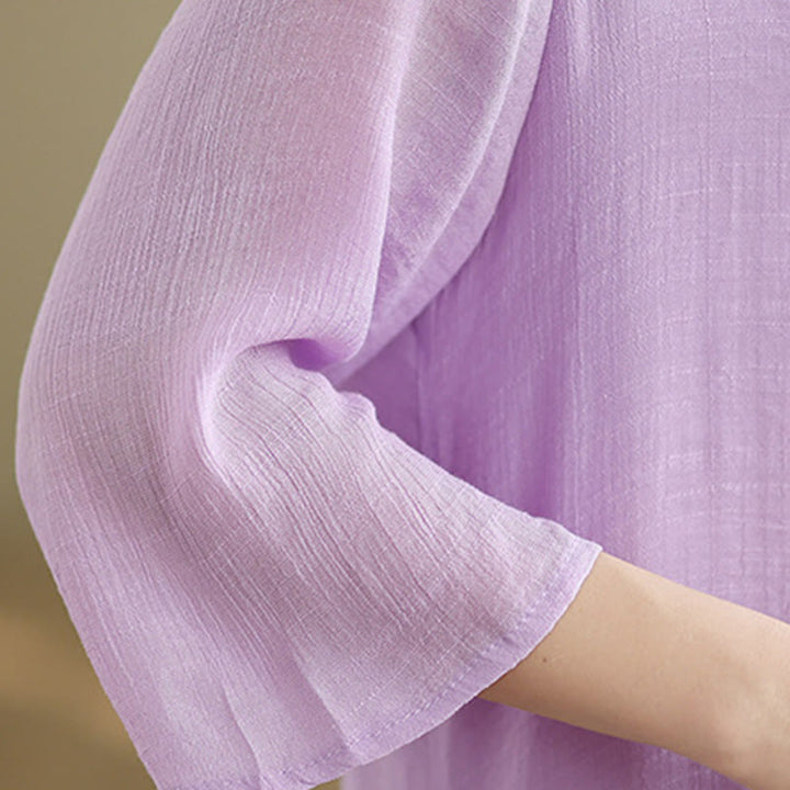 Robe midi décontractée en coton à col ras du cou et manches trois-quarts avec boutons grenouille et Buddha Stones - image 11