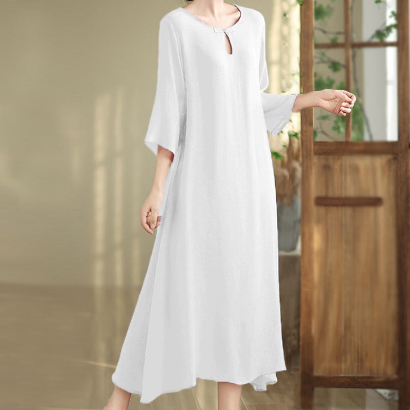 Robe midi décontractée en coton à col ras du cou et manches trois-quarts avec boutons grenouille et Buddha Stones - Blanc - US8-10，UK/AU12-14，EU40-42 (2XL) - image 15