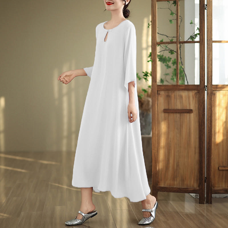 Robe midi décontractée en coton à col ras du cou et manches trois-quarts avec boutons grenouille et Buddha Stones - image 16