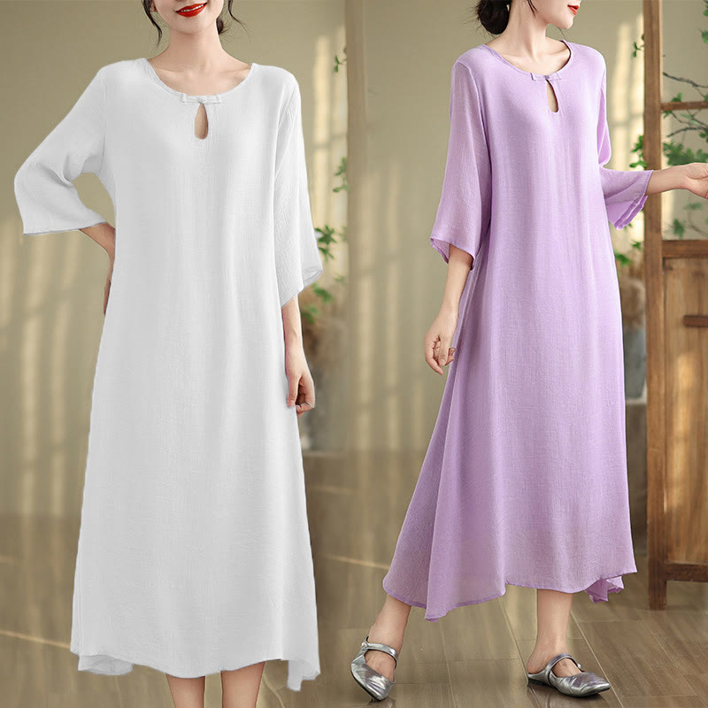 Robe midi décontractée en coton à col ras du cou et manches trois-quarts avec boutons grenouille et Buddha Stones - image 18