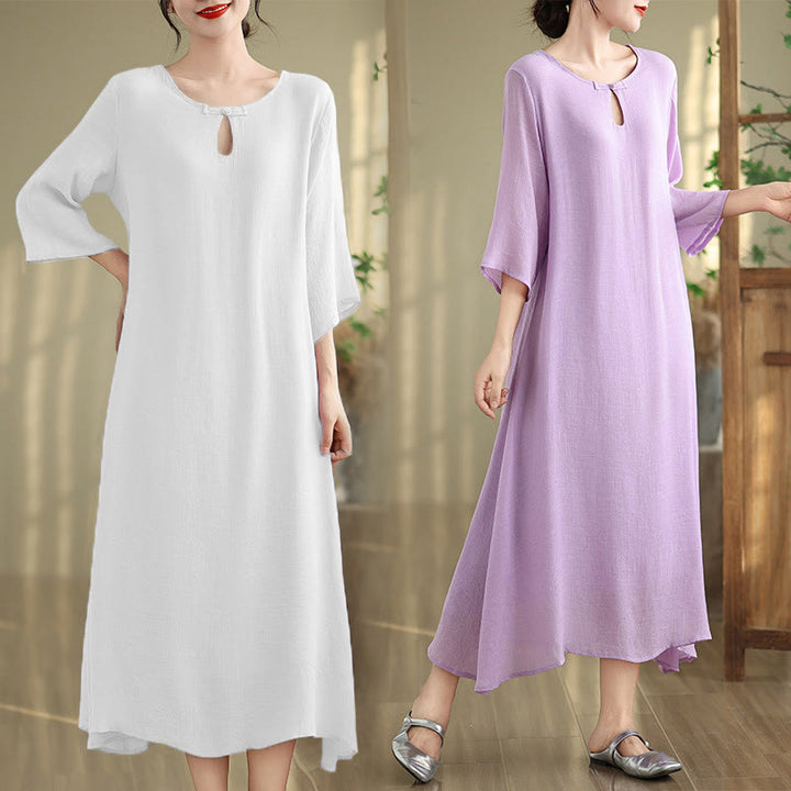 Robe midi décontractée en coton à col ras du cou et manches trois-quarts avec boutons grenouille et Buddha Stones - image 18