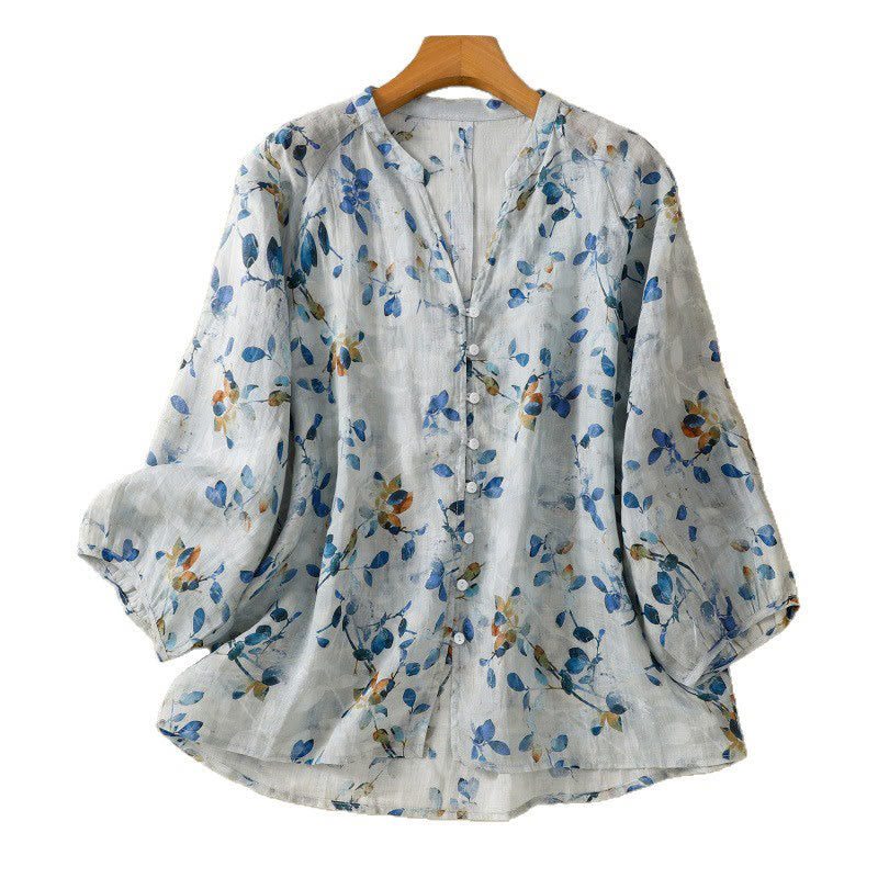 Chemise en coton bleu à fleurs Buddha Stones , col en V, manches trois-quarts, pour femme - image 16