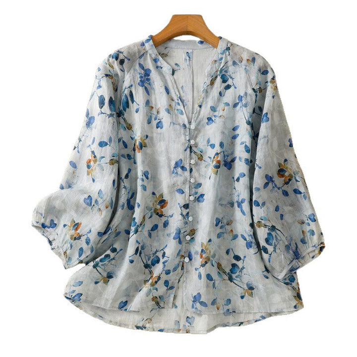 Chemise en coton bleu à fleurs Buddha Stones , col en V, manches trois-quarts, pour femme - image 16