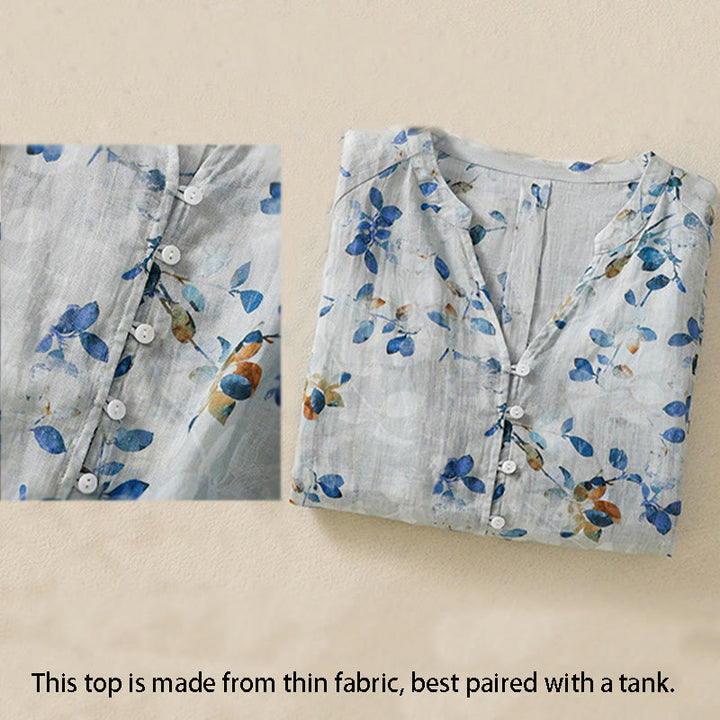 Chemise en coton bleu à fleurs Buddha Stones , col en V, manches trois-quarts, pour femme - image 3