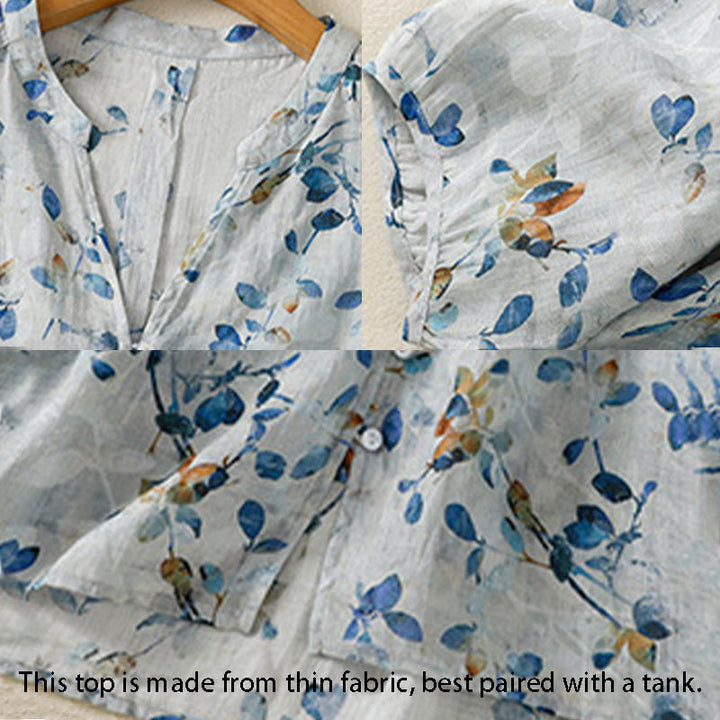 Chemise en coton bleu à fleurs Buddha Stones , col en V, manches trois-quarts, pour femme - image 15