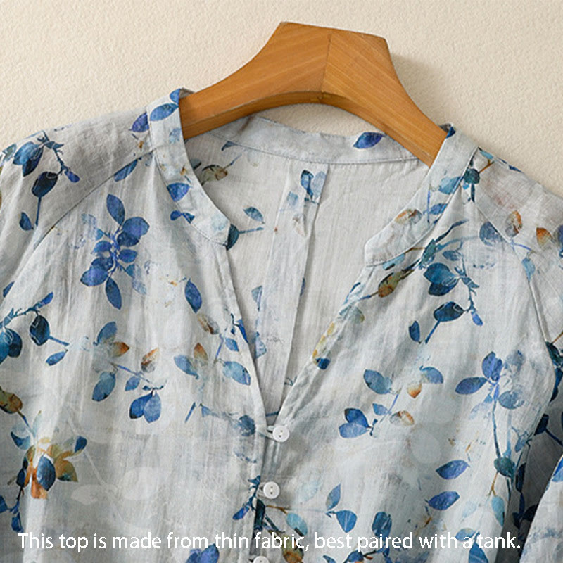 Chemise en coton bleu à fleurs Buddha Stones , col en V, manches trois-quarts, pour femme - image 6