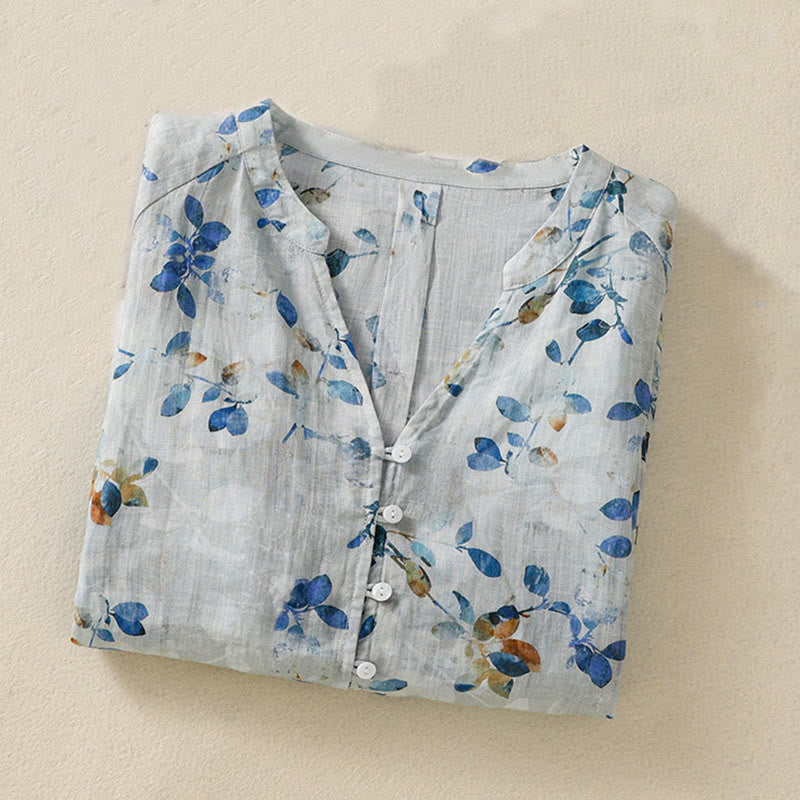 Chemise en coton bleu à fleurs Buddha Stones , col en V, manches trois-quarts, pour femme - image 3