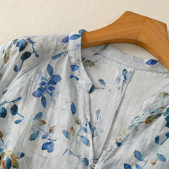 Chemise en coton bleu à fleurs Buddha Stones , col en V, manches trois-quarts, pour femme - image 7