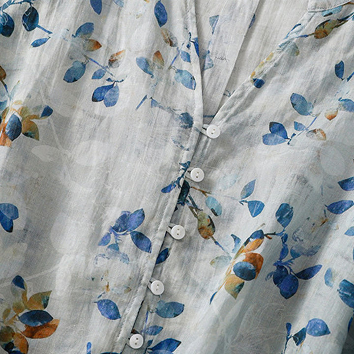 Chemise en coton bleu à fleurs Buddha Stones , col en V, manches trois-quarts, pour femme - image 9