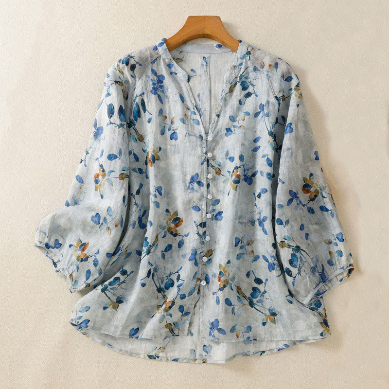 Chemise en coton bleu à fleurs Buddha Stones , col en V, manches trois-quarts, pour femme - Bleu clair - US14，UK/AU18，EU46 (2XL) - image 0