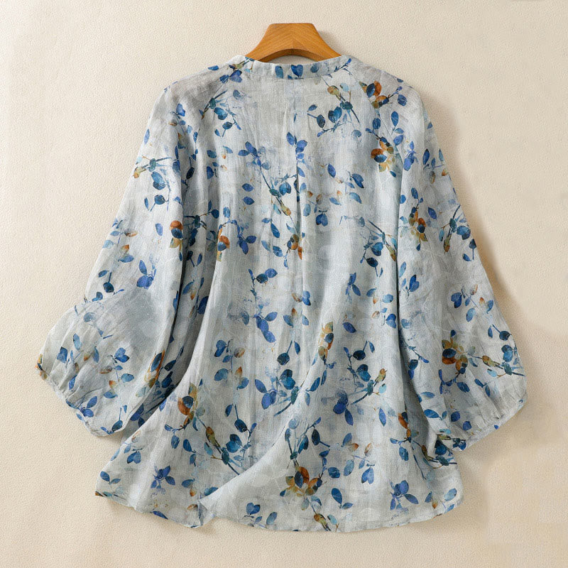 Chemise en coton bleu à fleurs Buddha Stones , col en V, manches trois-quarts, pour femme - image 2