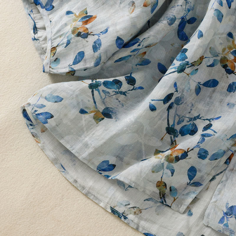 Chemise en coton bleu à fleurs Buddha Stones , col en V, manches trois-quarts, pour femme - image 11