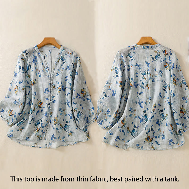 Chemise en coton bleu à fleurs Buddha Stones , col en V, manches trois-quarts, pour femme - image 5
