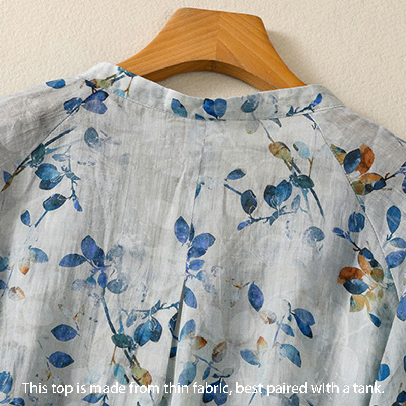 Chemise en coton bleu à fleurs Buddha Stones , col en V, manches trois-quarts, pour femme - image 7