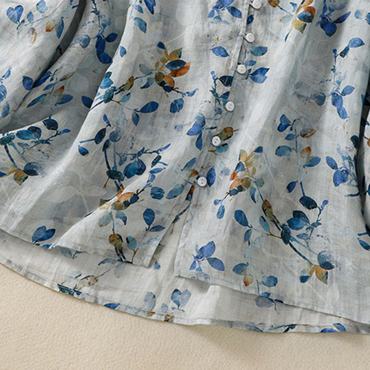 Chemise en coton bleu à fleurs Buddha Stones , col en V, manches trois-quarts, pour femme - image 13