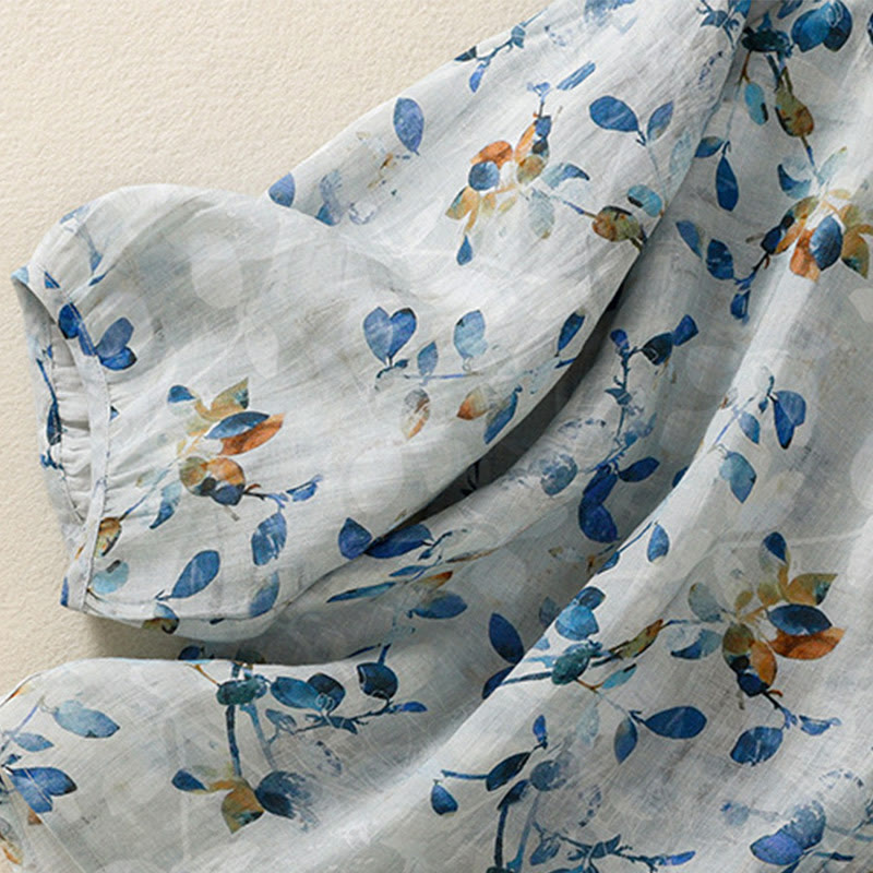 Chemise en coton bleu à fleurs Buddha Stones , col en V, manches trois-quarts, pour femme - image 13